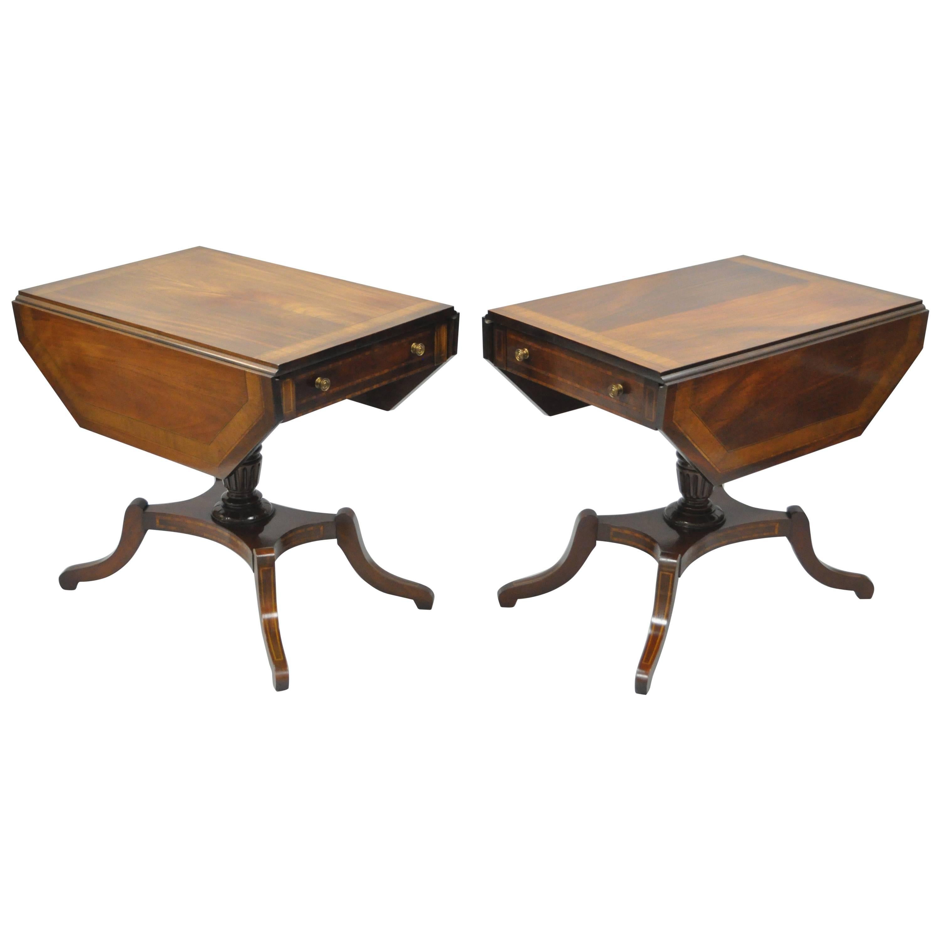Pair of Regency Style Mahogany Banded Inlaid Drop Leaf Pembroke End Tables