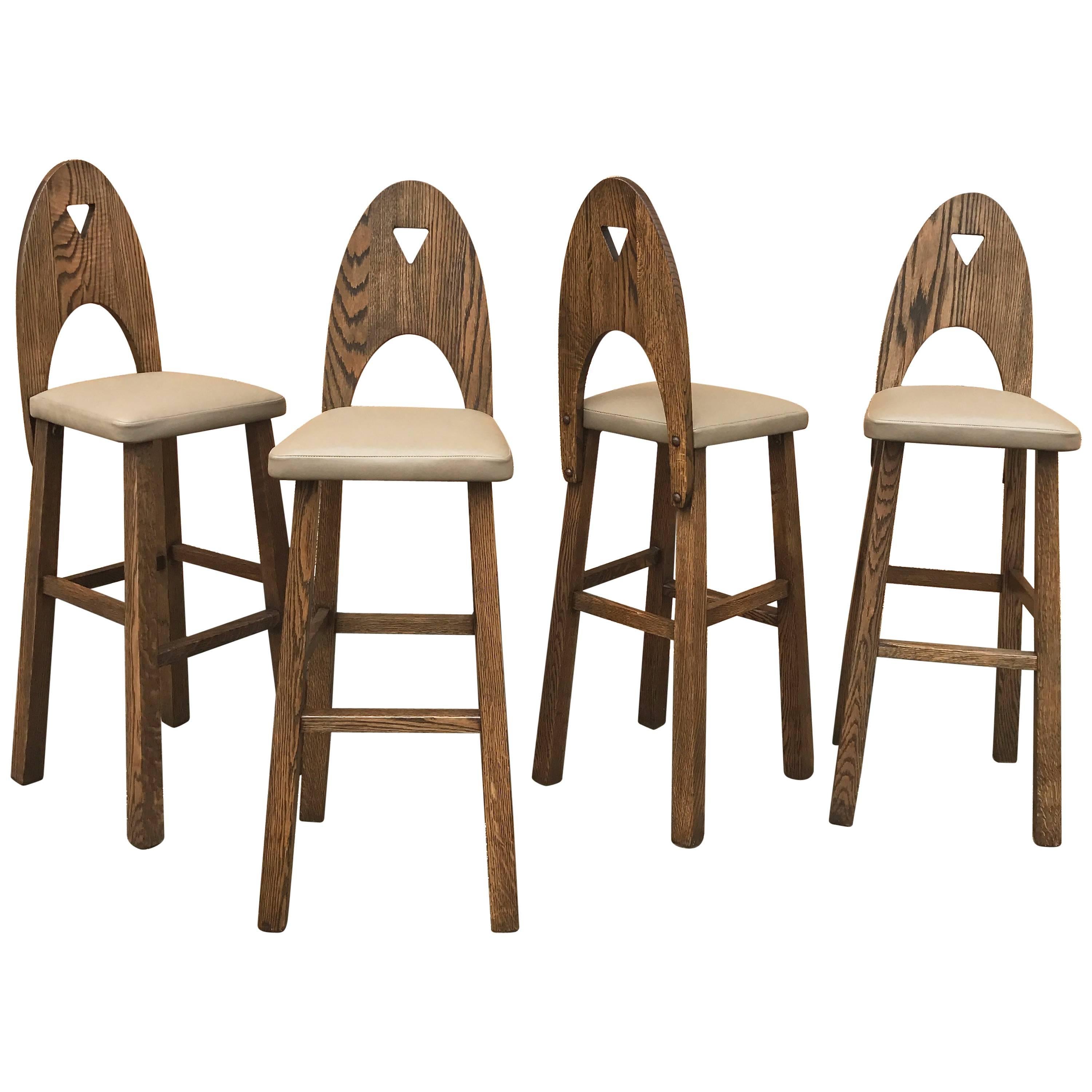 Arts & Crafts Oak and Leather Barstool Set