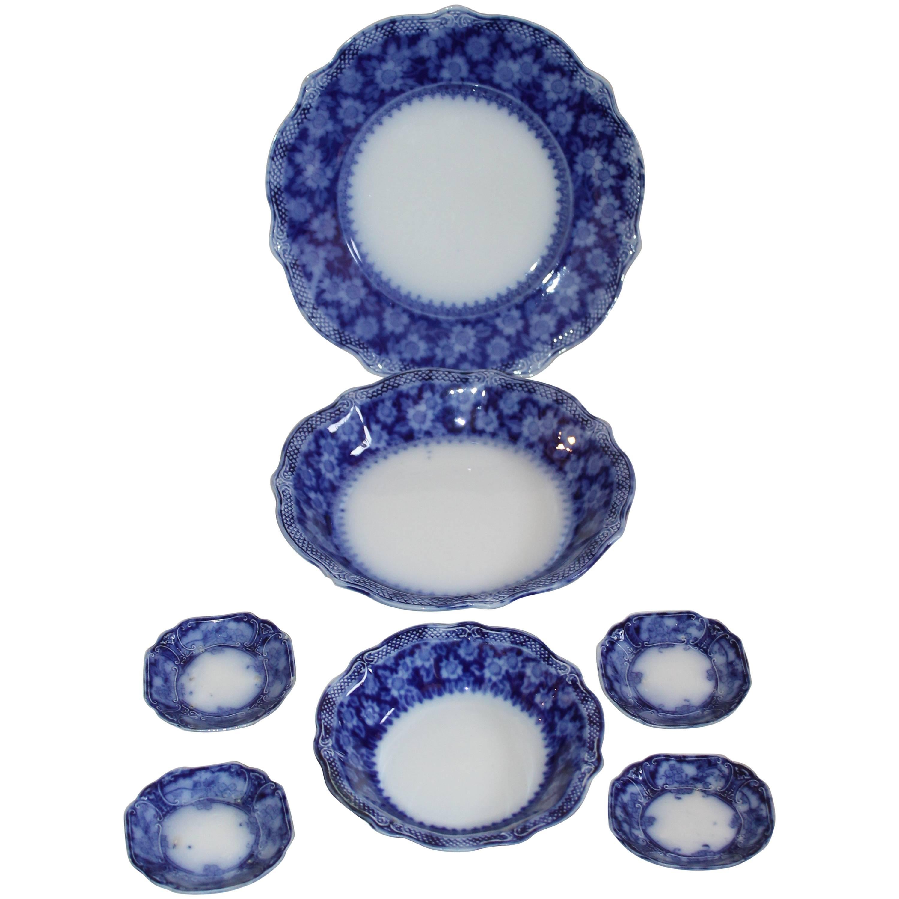 Set of Seven till and Sons Flow Blue Plates and Bowls
