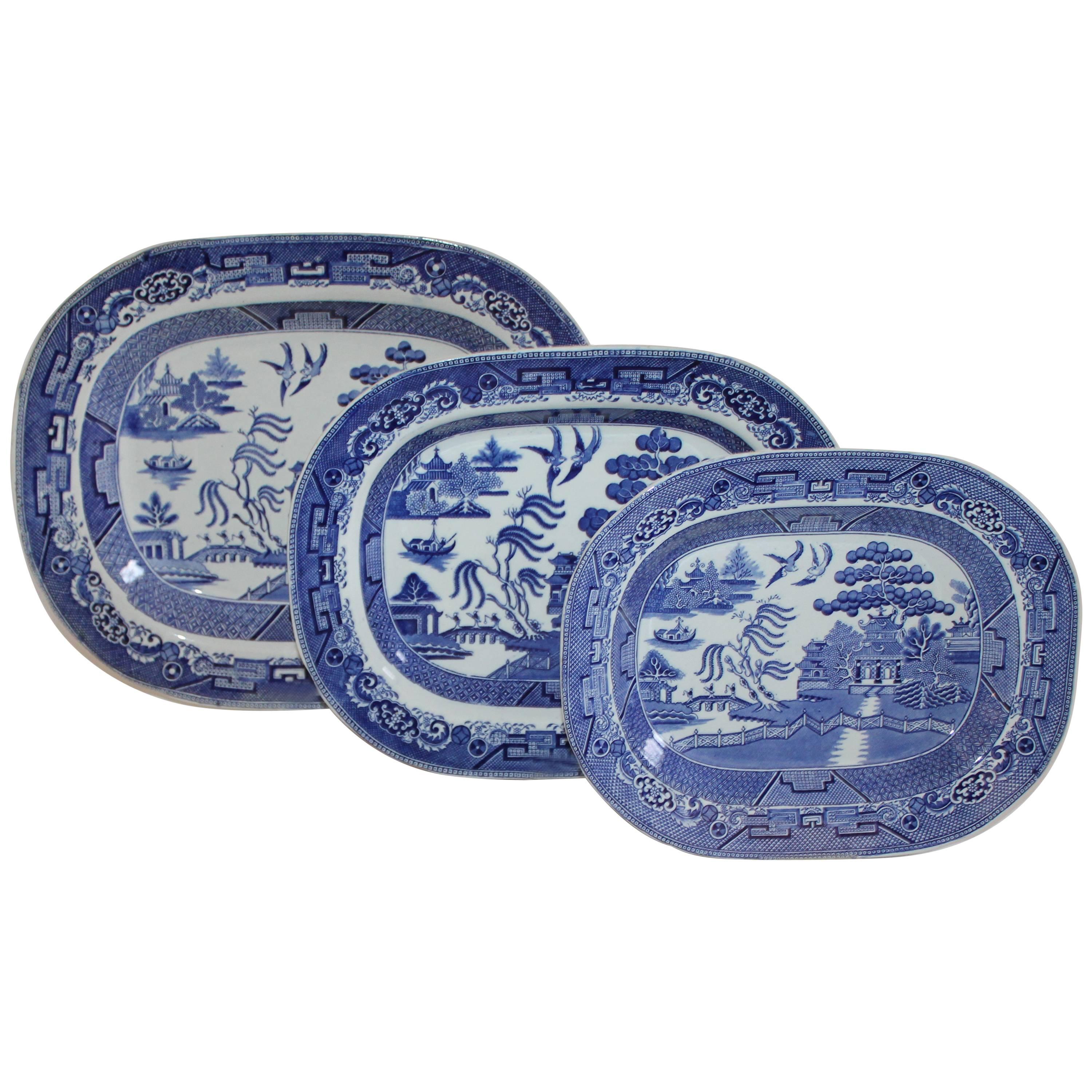 Collection of Three English Blue Willow Platters For Sale