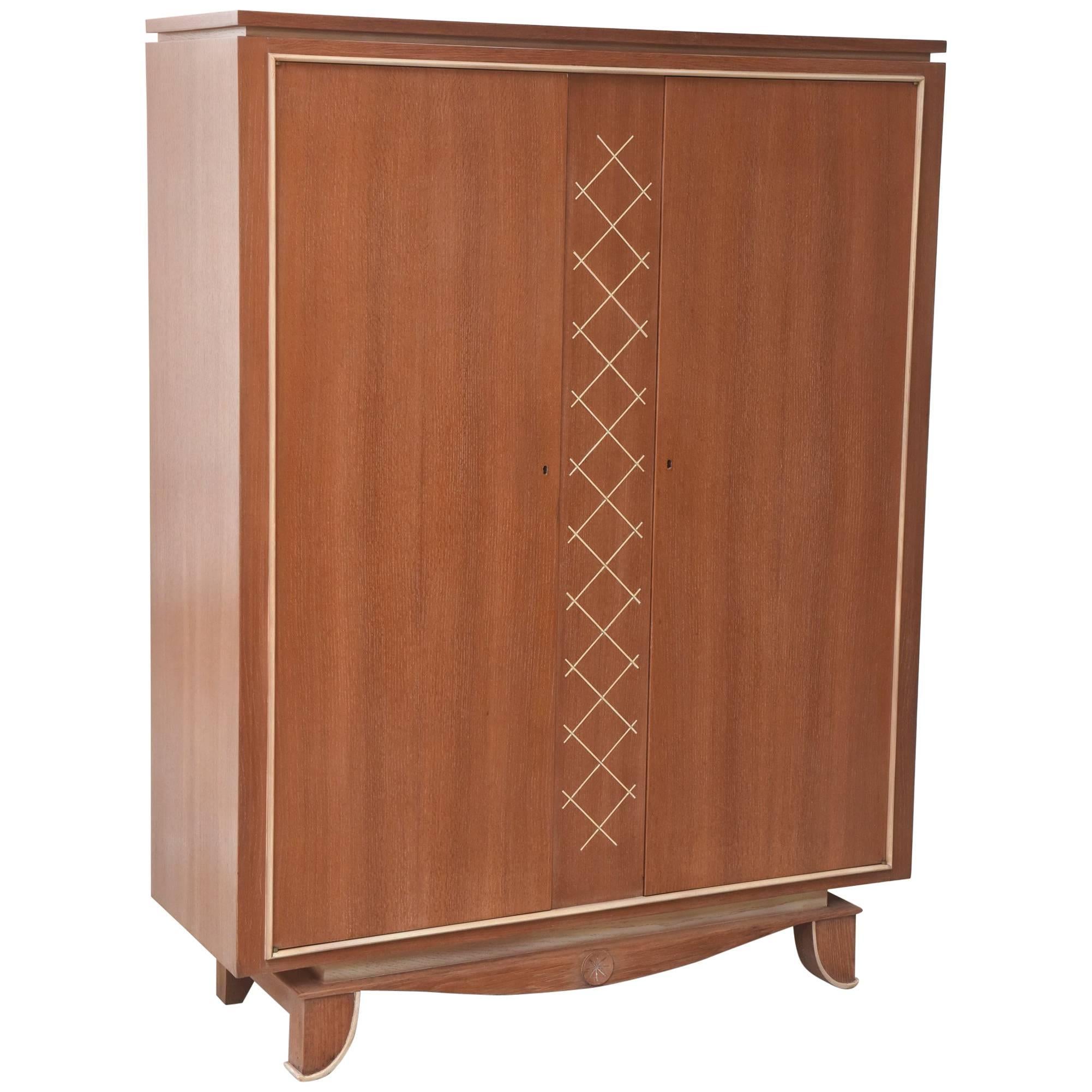 Pierre Petit French Modern Limed Oak and Parchment Tall Cabinet, 1940s For Sale