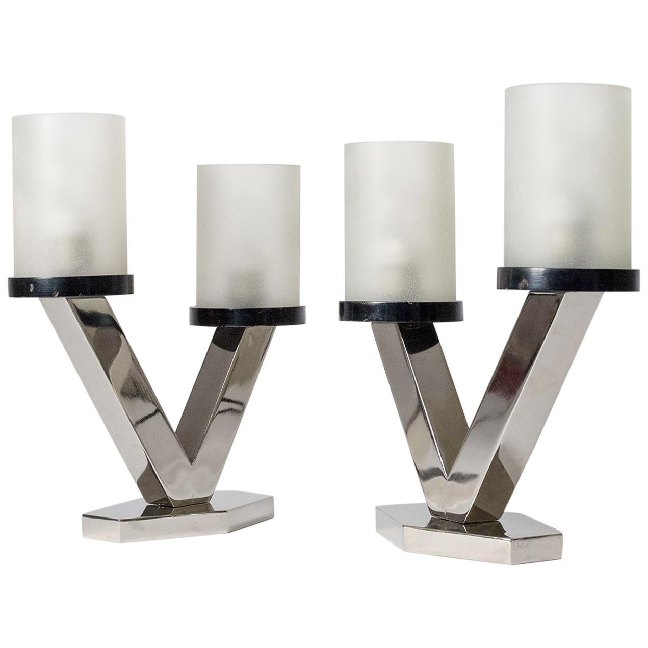 1920s Art Deco Table Lamps, Nickel and Glass