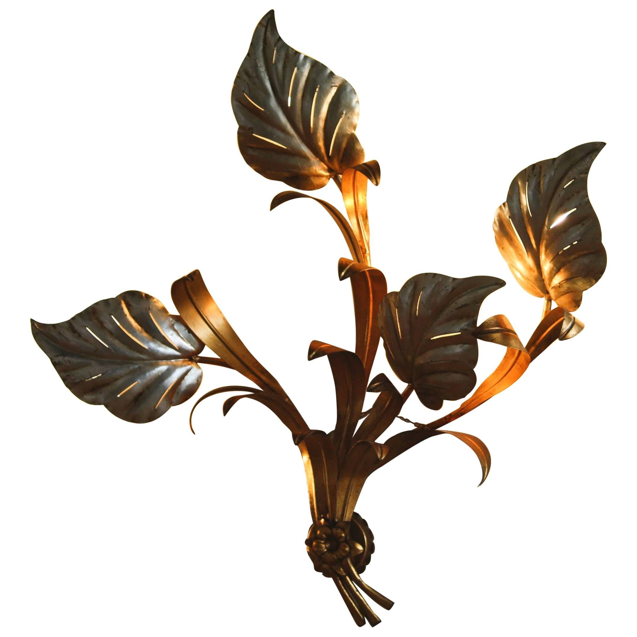 1960s, Beautiful Large Leaf Wall Light In Gold With Silver Leafs.