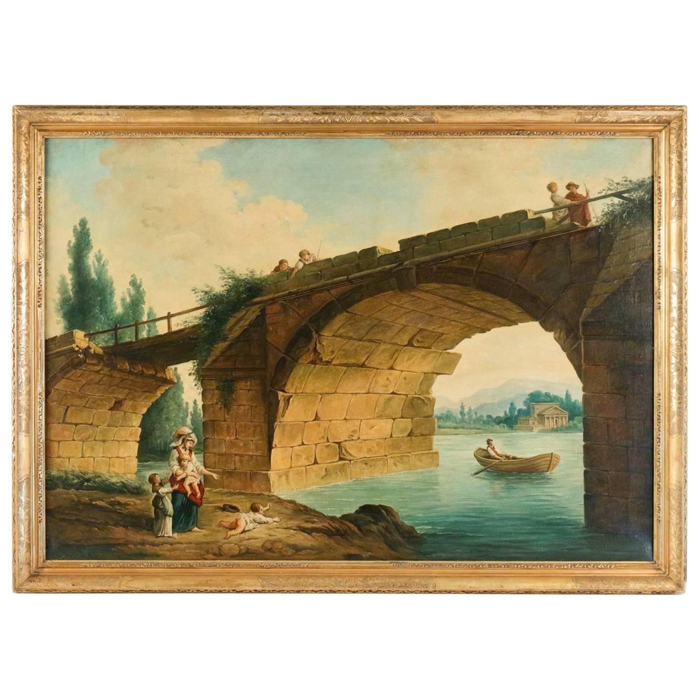 French School 'the Footbridge in Ruin' to the Manner of Hubert Robert, 1820 For Sale