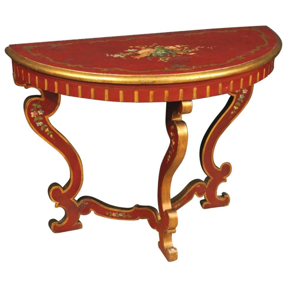 20th Century Italian Lacquered and Painted Demilune Console Table For Sale