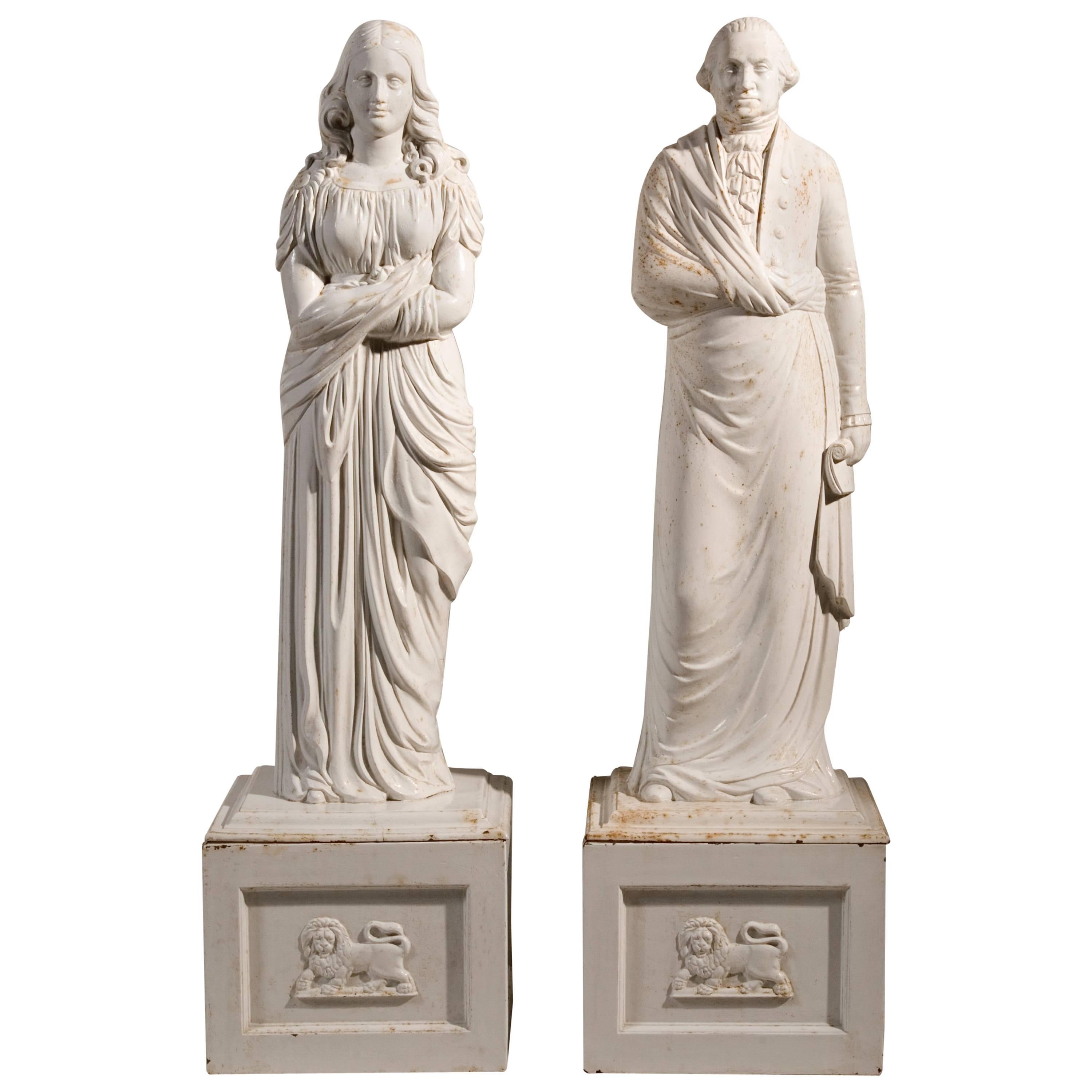 Pair of White Painted Cast Iron Figures of George Washington and Columbia For Sale