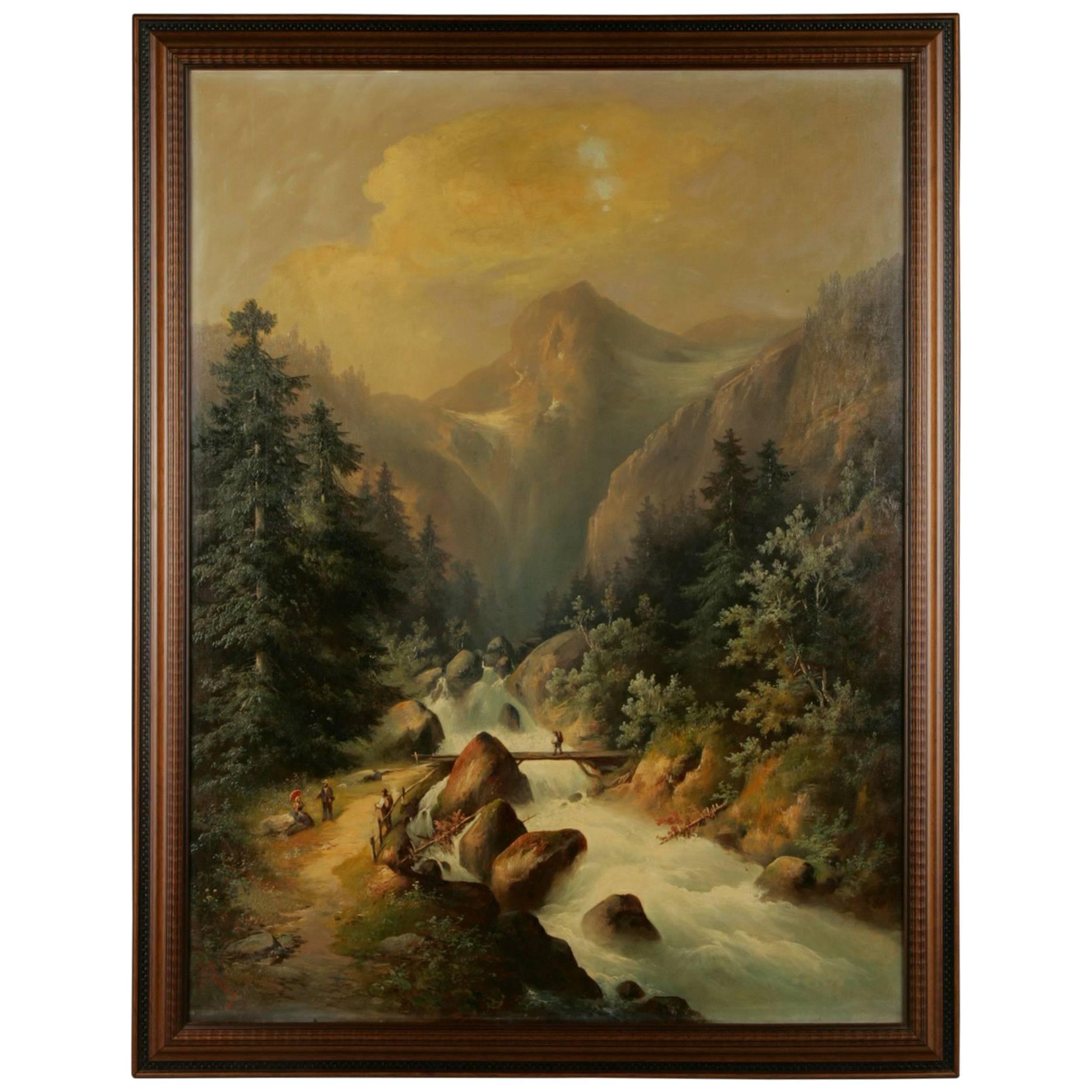 19th Century Historicism Style Oil on Canvas Alpine Landscape