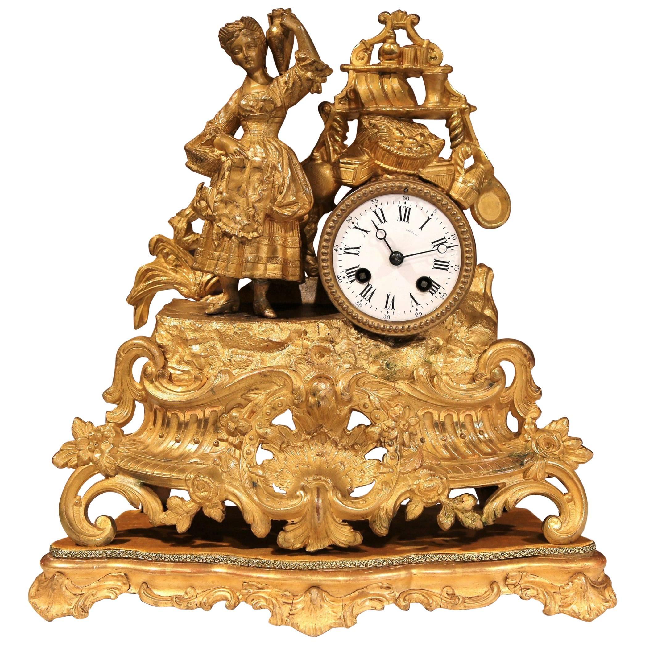 19th Century French Gold-Plated Mantel Clock with Carved Wooden Gold Leaf Base