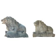 Pair of Antique Hand-Sculpted Lions in French Limestone with Beautiful Patina