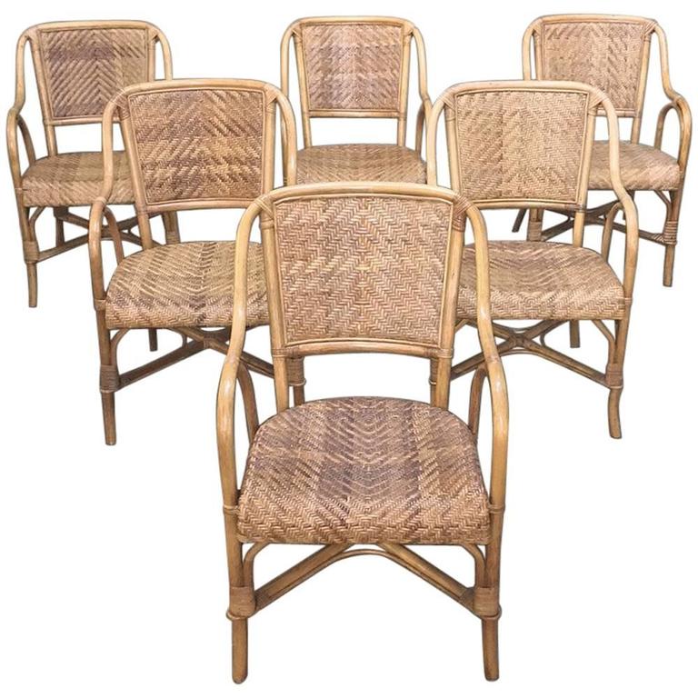 Set of Six MidCentury Rattan and Bamboo Dining Chairs/Armchairs at 1stDibs