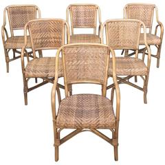 Set of Six Mid-Century Rattan and Bamboo Dining Chairs/Armchairs