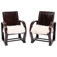 Pair of Chinese Teak Colonial Chairs with Mongolian Lambs Wool