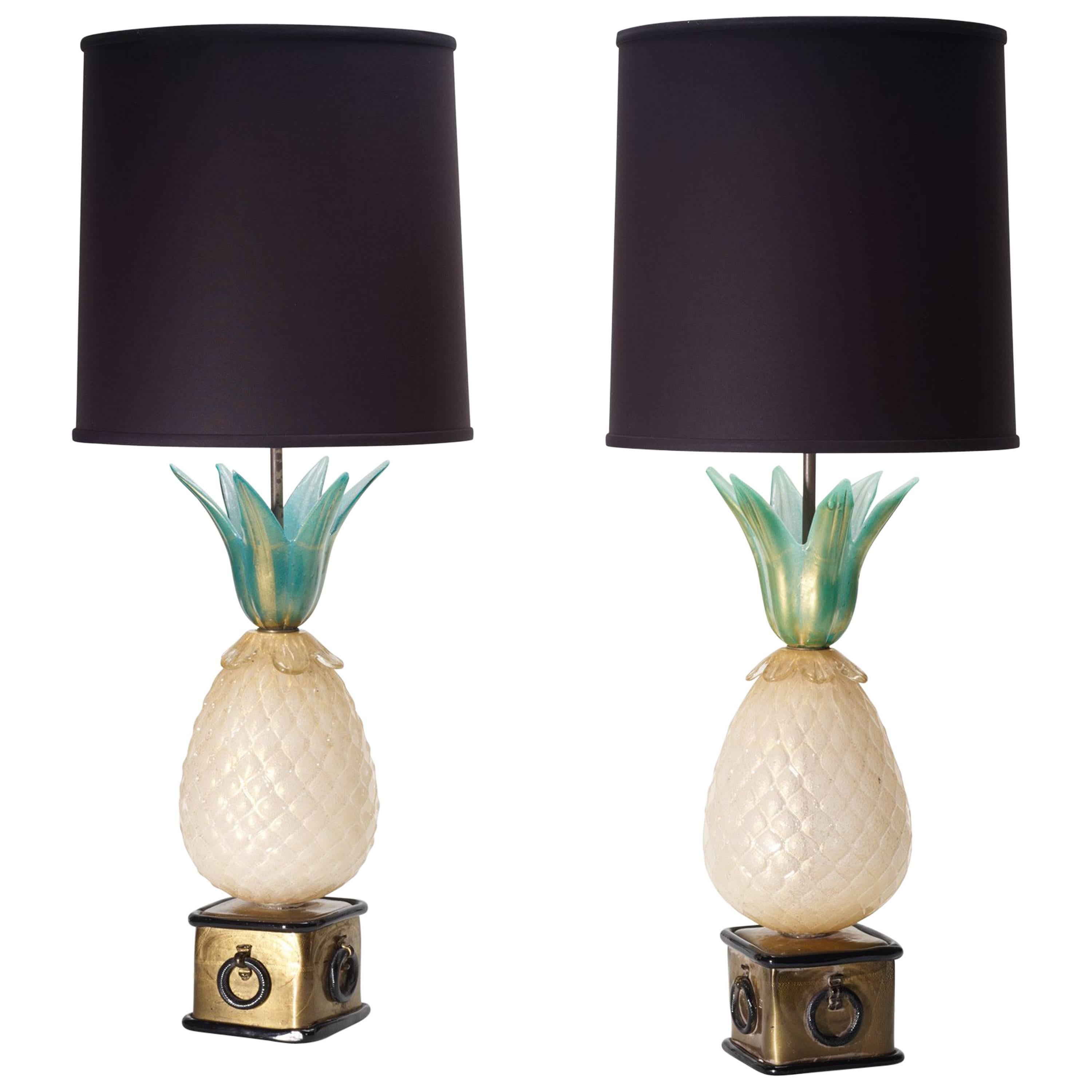 Rare Pair of Murano Glass Pineapple Shapped Lamps by Barovier Toso
