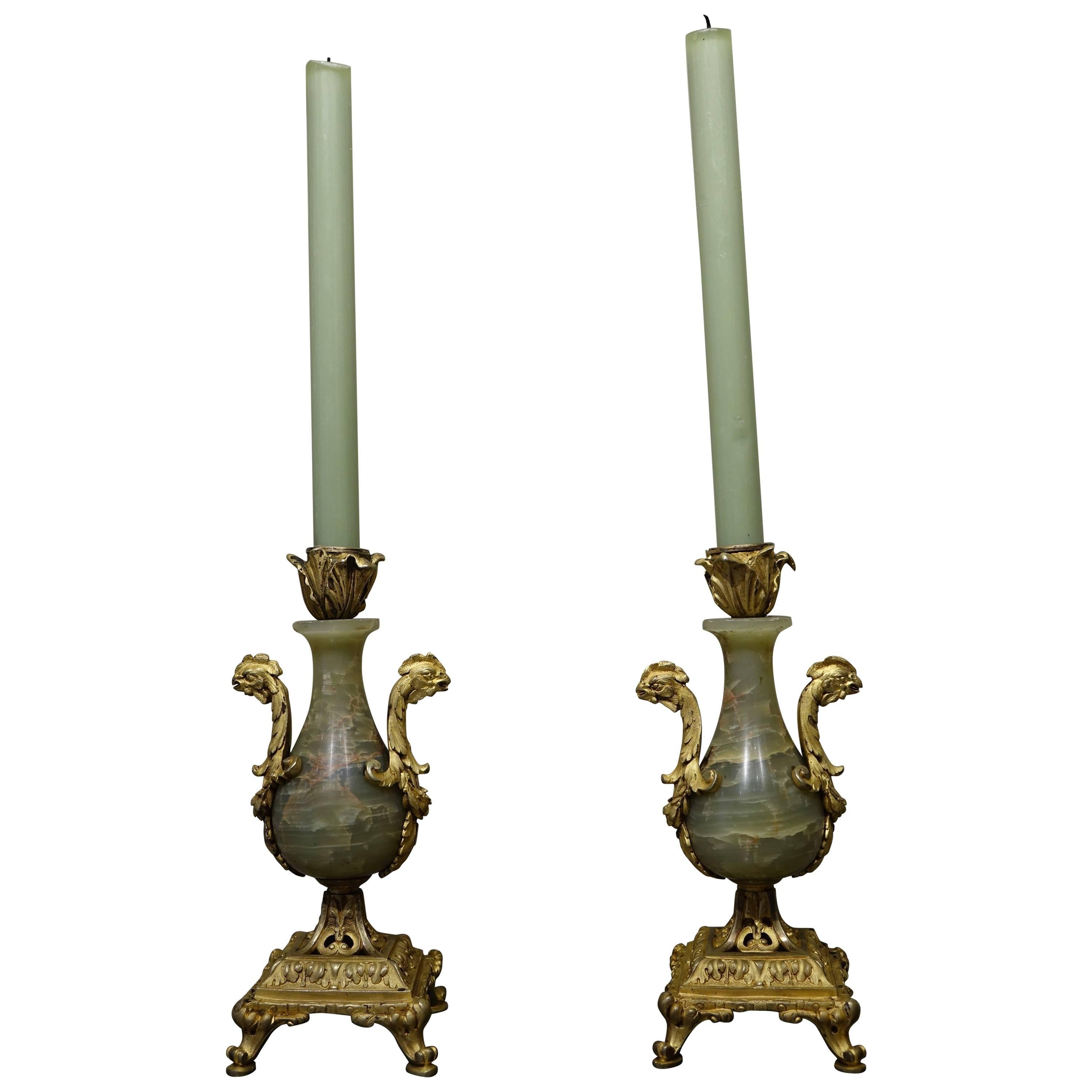 Pair of Candlesticks in Bronze and Onyx, France, circa 1870
