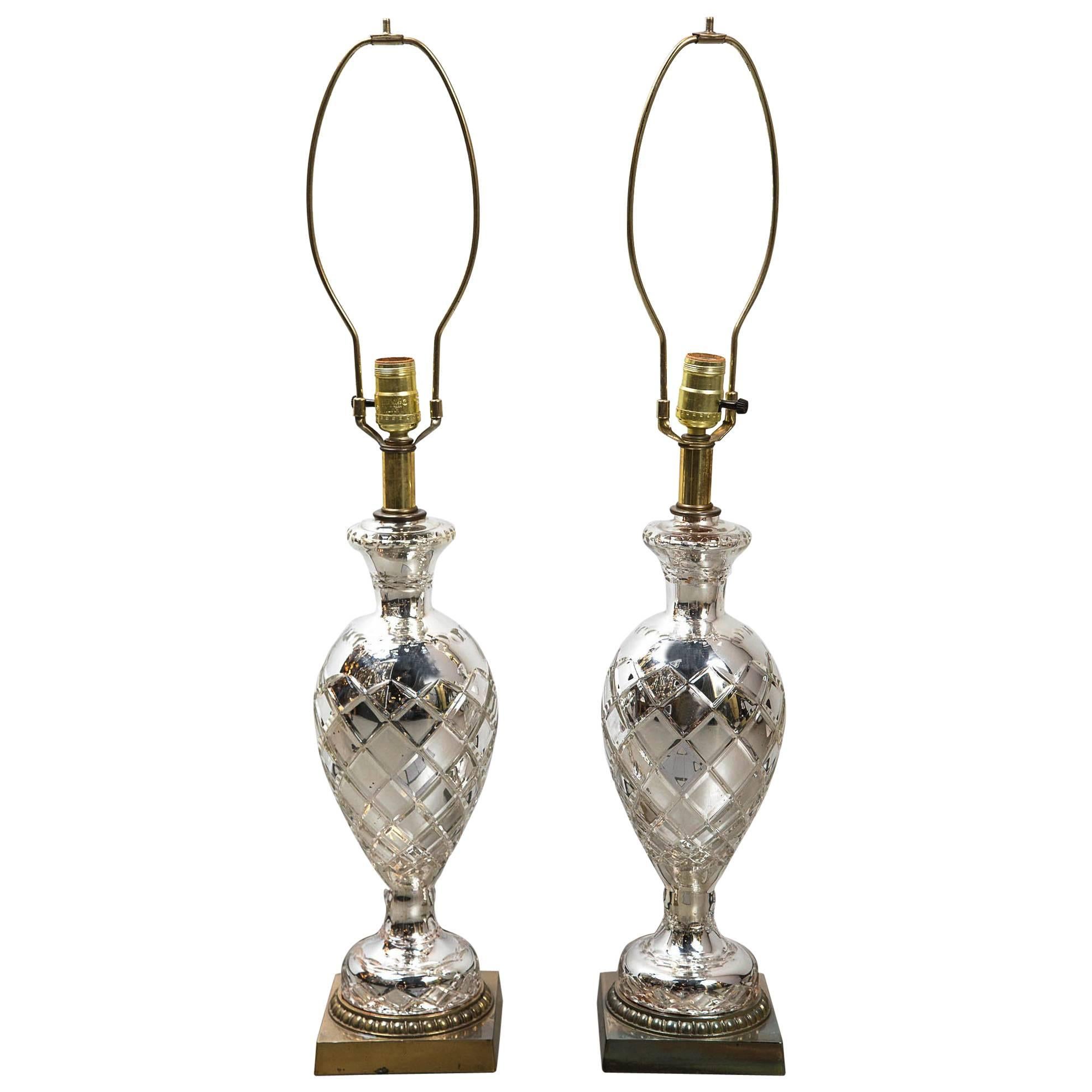 Pair of 1930s French Cut Mercury Glass Table Lamps