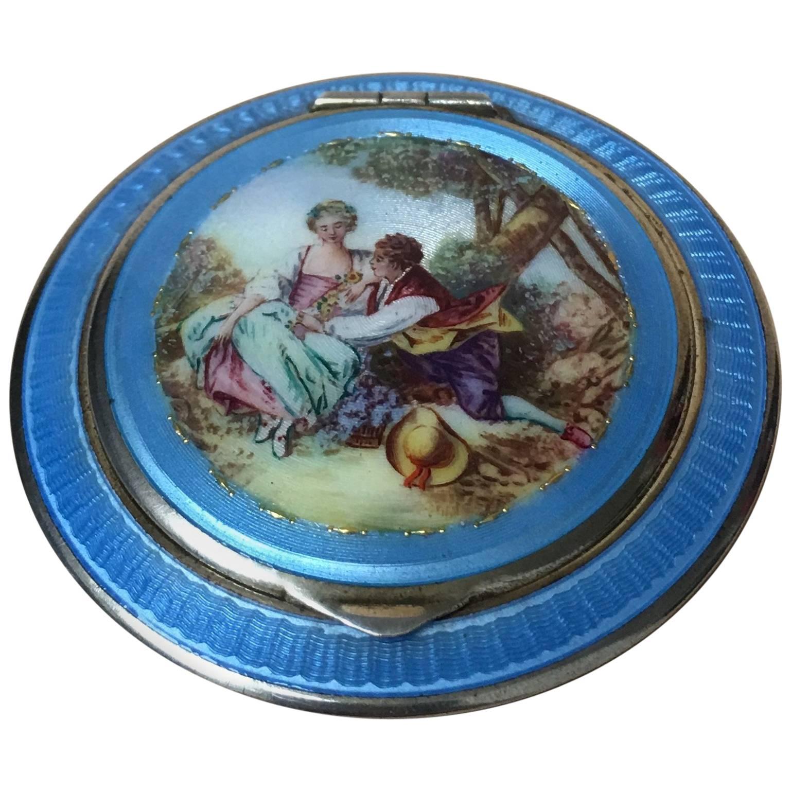 Charming German Sterling Silver Guilloche Enamel Compact Case