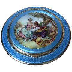 Antique Charming German Sterling Silver Guilloche Enamel Compact Case