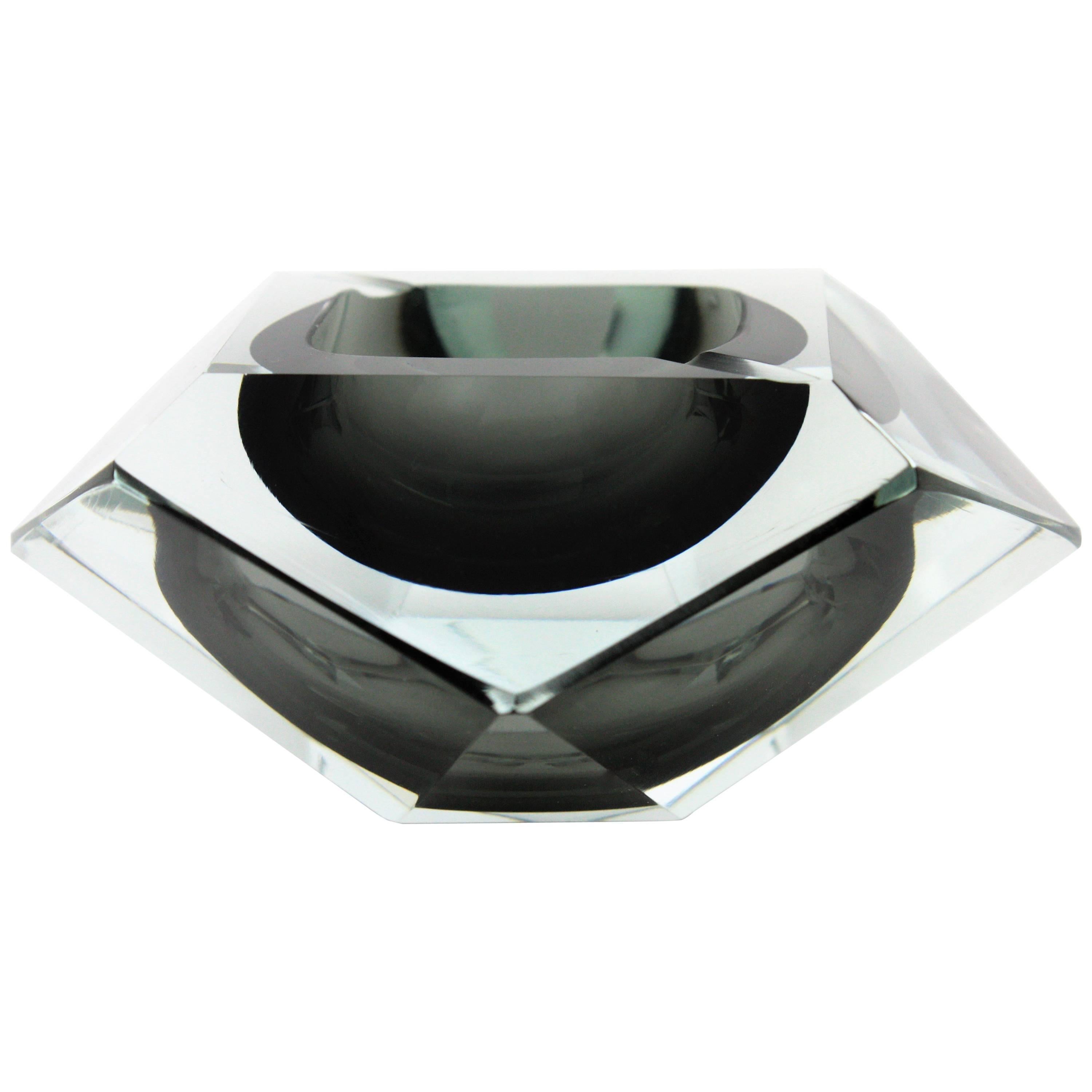 Flavio Poli Smoked Grey and Clear Faceted Sommerso Murano Glass Ashtray