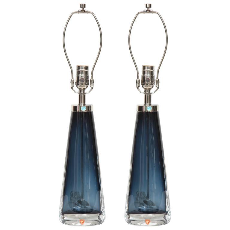 Orrefors Dark Sapphire Blue Lamps For At 1stdibs Nils Landberg For Orrefors Smoked Blue Crystal Lamps