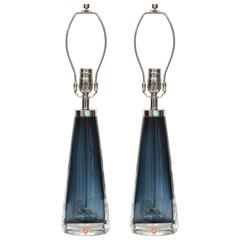 Nils Landberg for Orrefors Smoked Blue Crystal Lamps 9