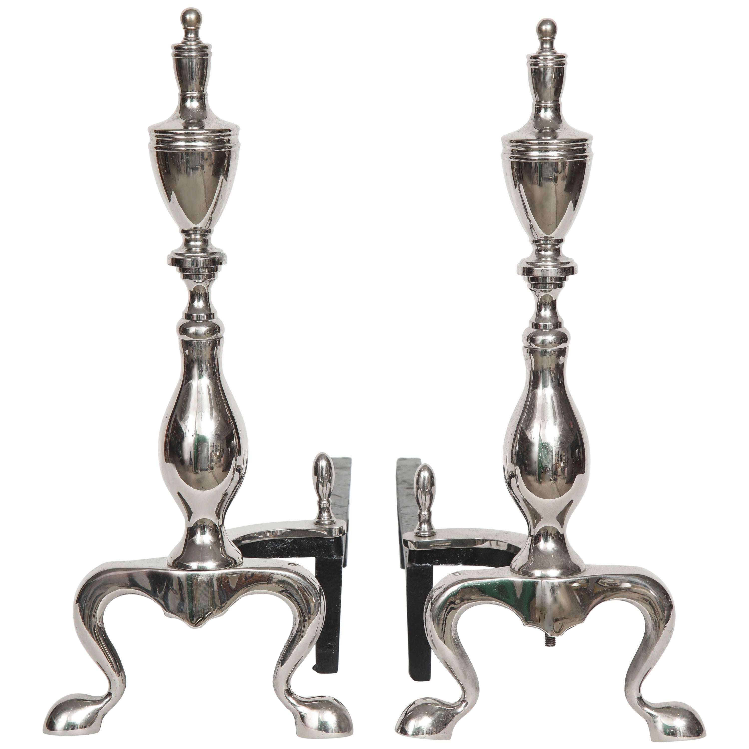 Polished Nickel Chippendale Style Andirons