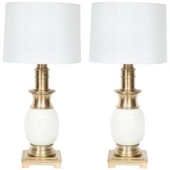 Stiffel Satin Brass and White Ceramic Lamps 12