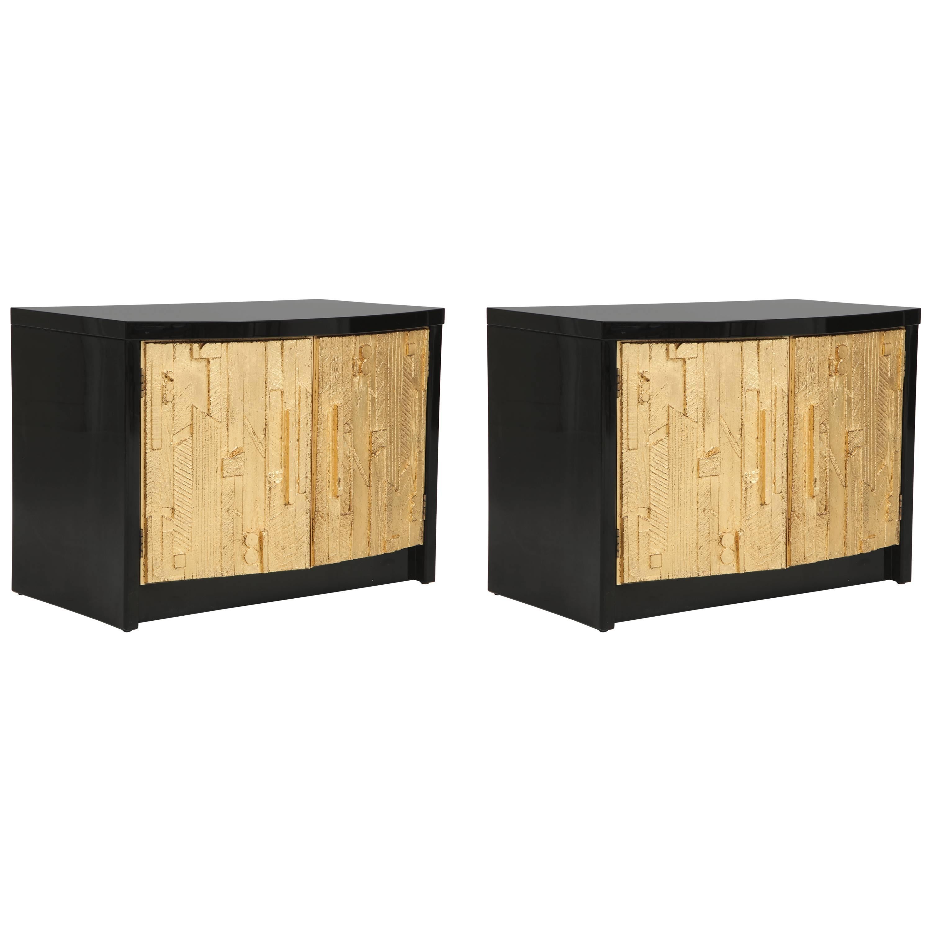 Brutalist Style Black Lacquer and Gold Leaf Nightstands