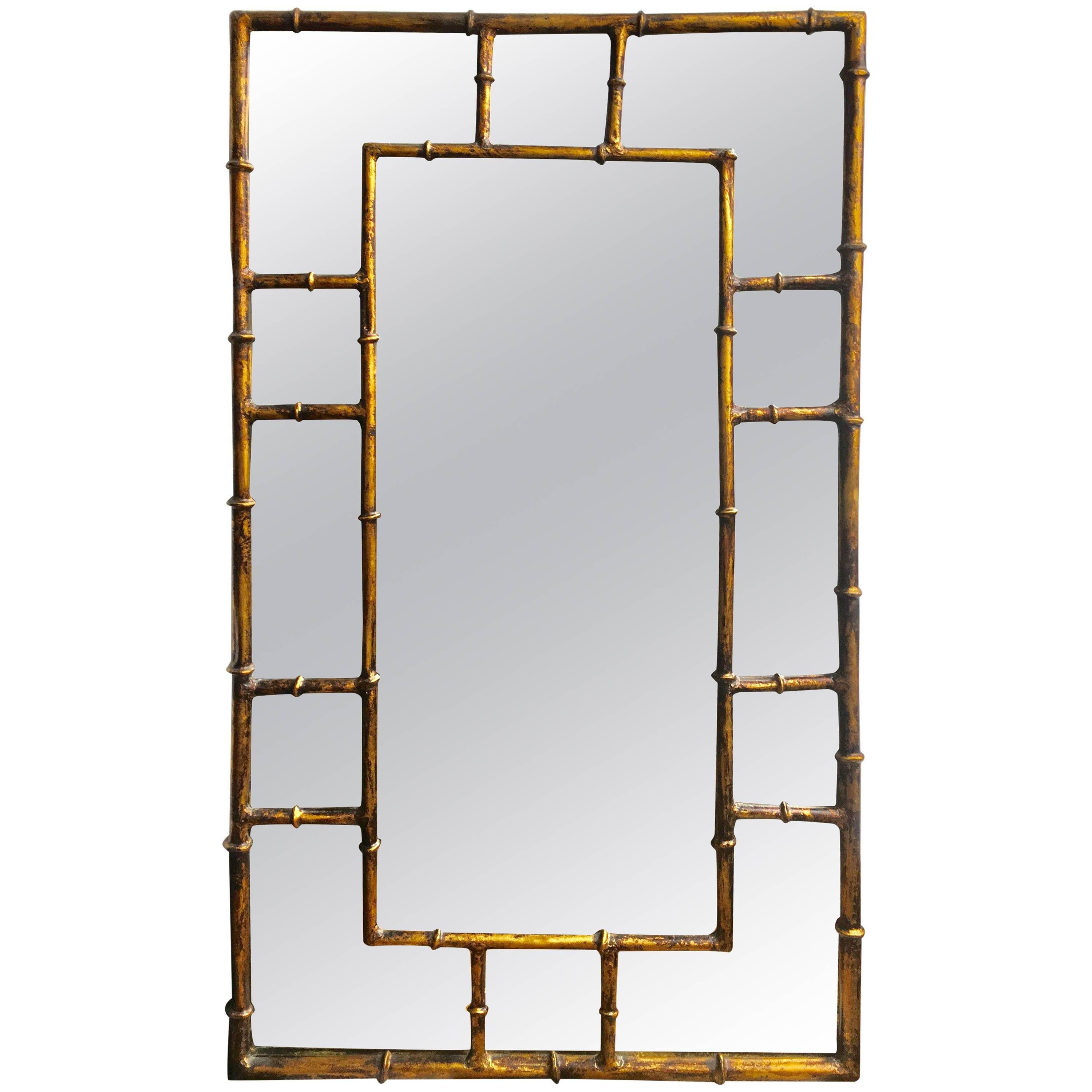 Hollywood Regency Gilt Metal Faux Bamboo Mirror, Spain