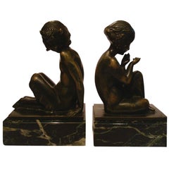 Art Deco Bronze Bookends with Satyr and Girl by Pierre Laurel, 1930