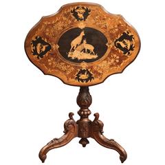 19th Century French Black Forest Carved Walnut Pedestal with Deer Scenes Inlay