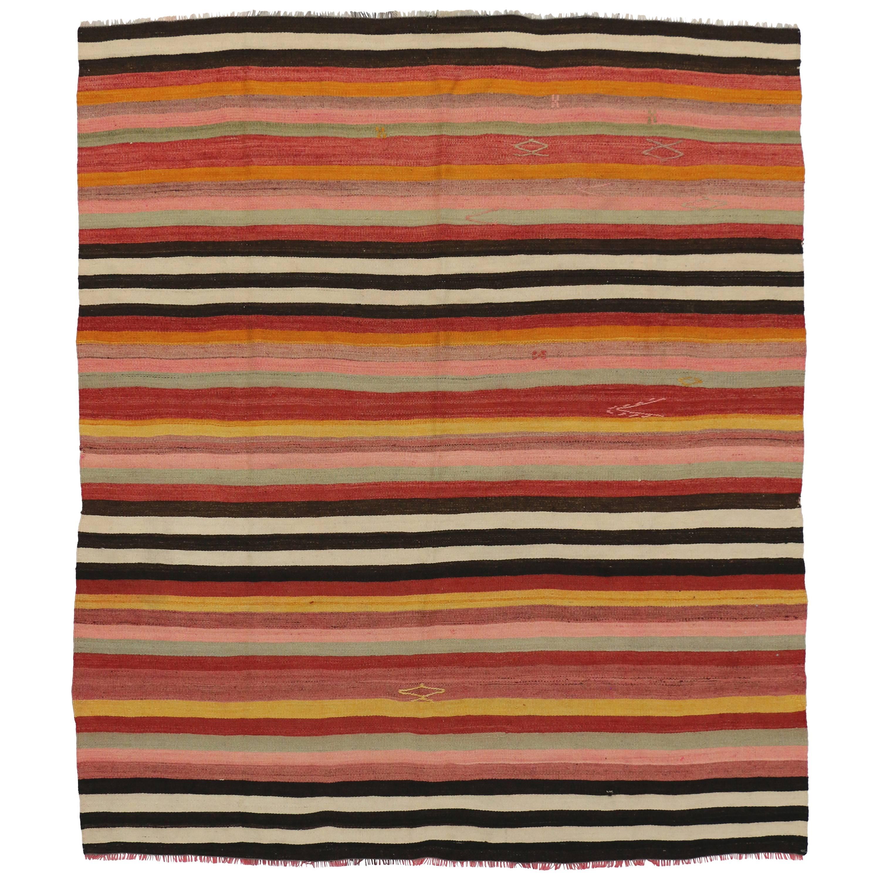 Vintage Turkish Kilim Rug with Stripes and Boho Chic Style, Striped Flat-Weave