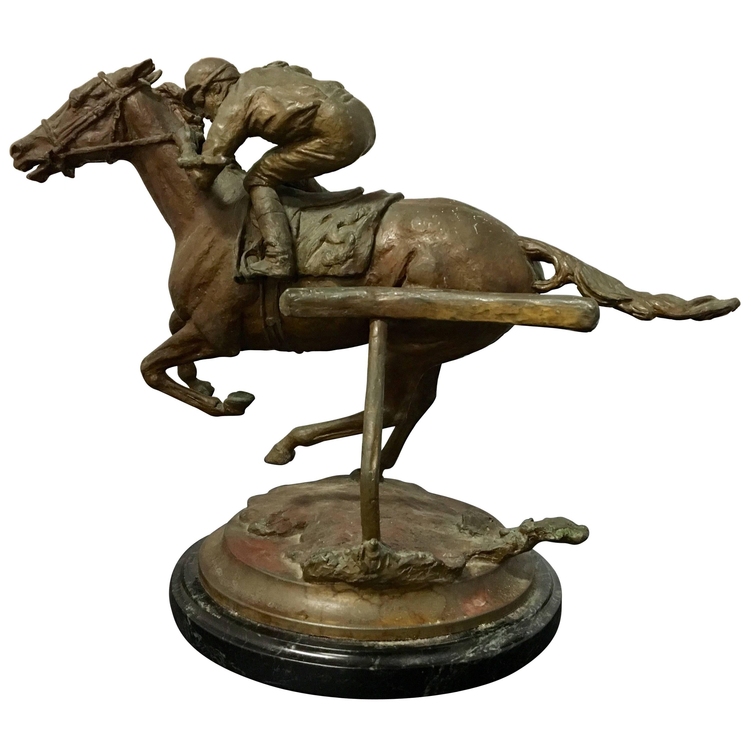 Bronze Sculpture of a Thoroughbred Horse & Jockey by Elizabeth Guarisco, 1990