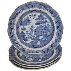 Early 19th Century Staffordshire Blue Willow Plates, Set of Four 4
