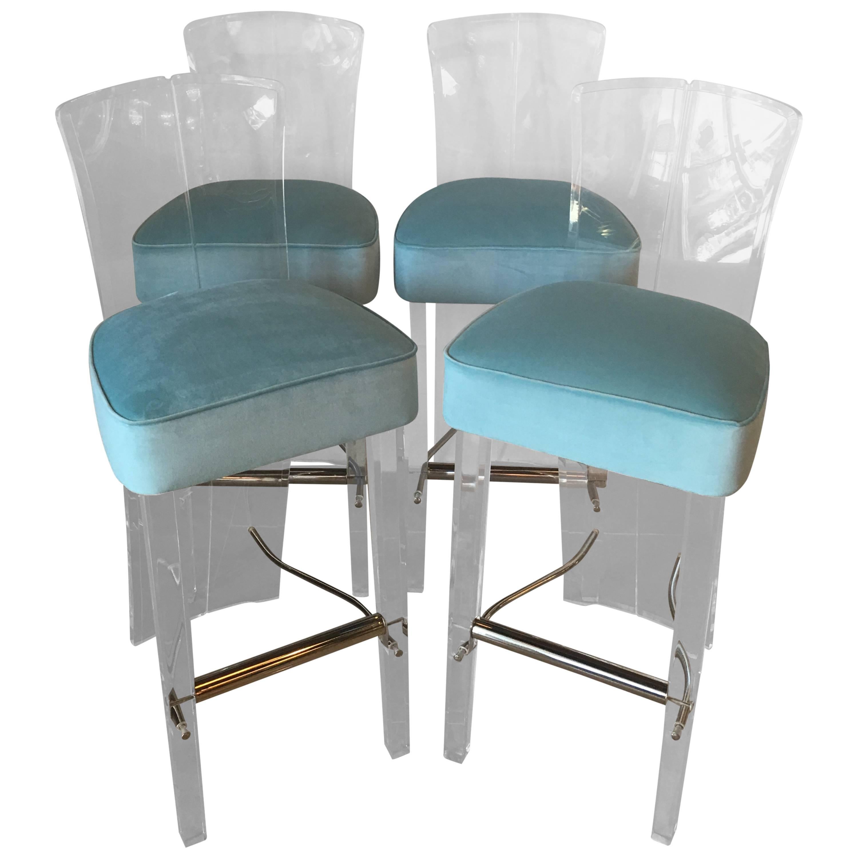 Lucite and Brass Barstools Bar Stools Charles Hollis Jones Style Set of Four