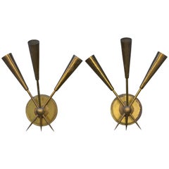 Pair of Chic French 1950s Three-Arm Patinated Brass Sconces