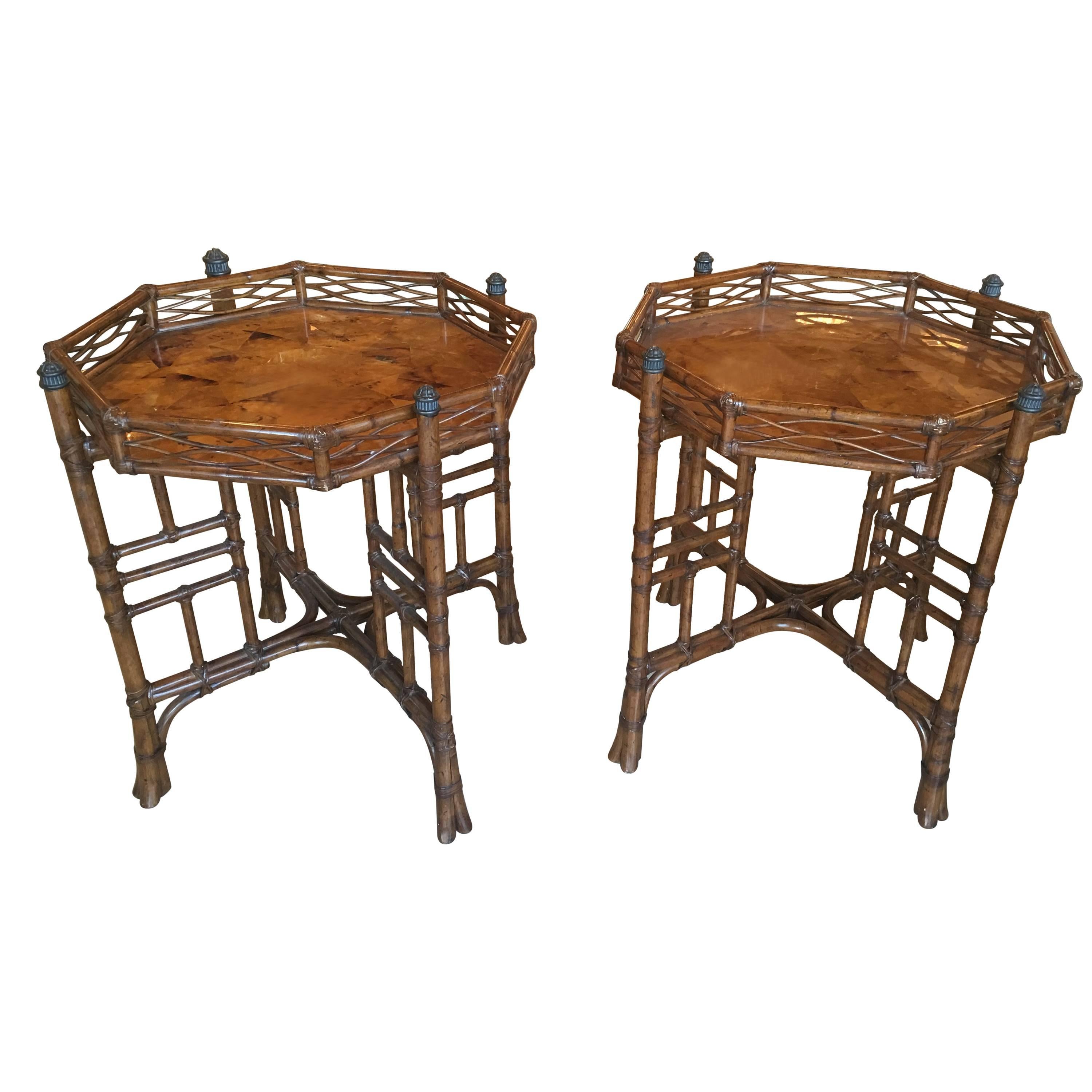 Pair of Rattan End Side Tables Octogonal Tortoise Bamboo Tropical Chinoiserie