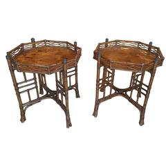 Pair of Rattan End Side Tables Octogonal Tortoise Bamboo Tropical Chinoiserie