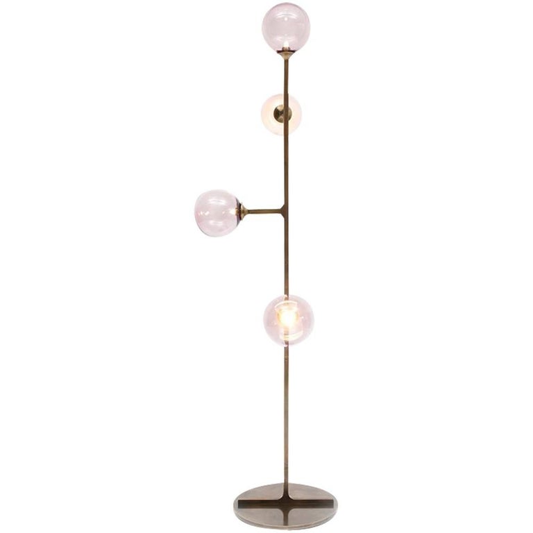 HELIX Floor Lamp Pink hand blown glass, light patinated brass at 1stDibs
