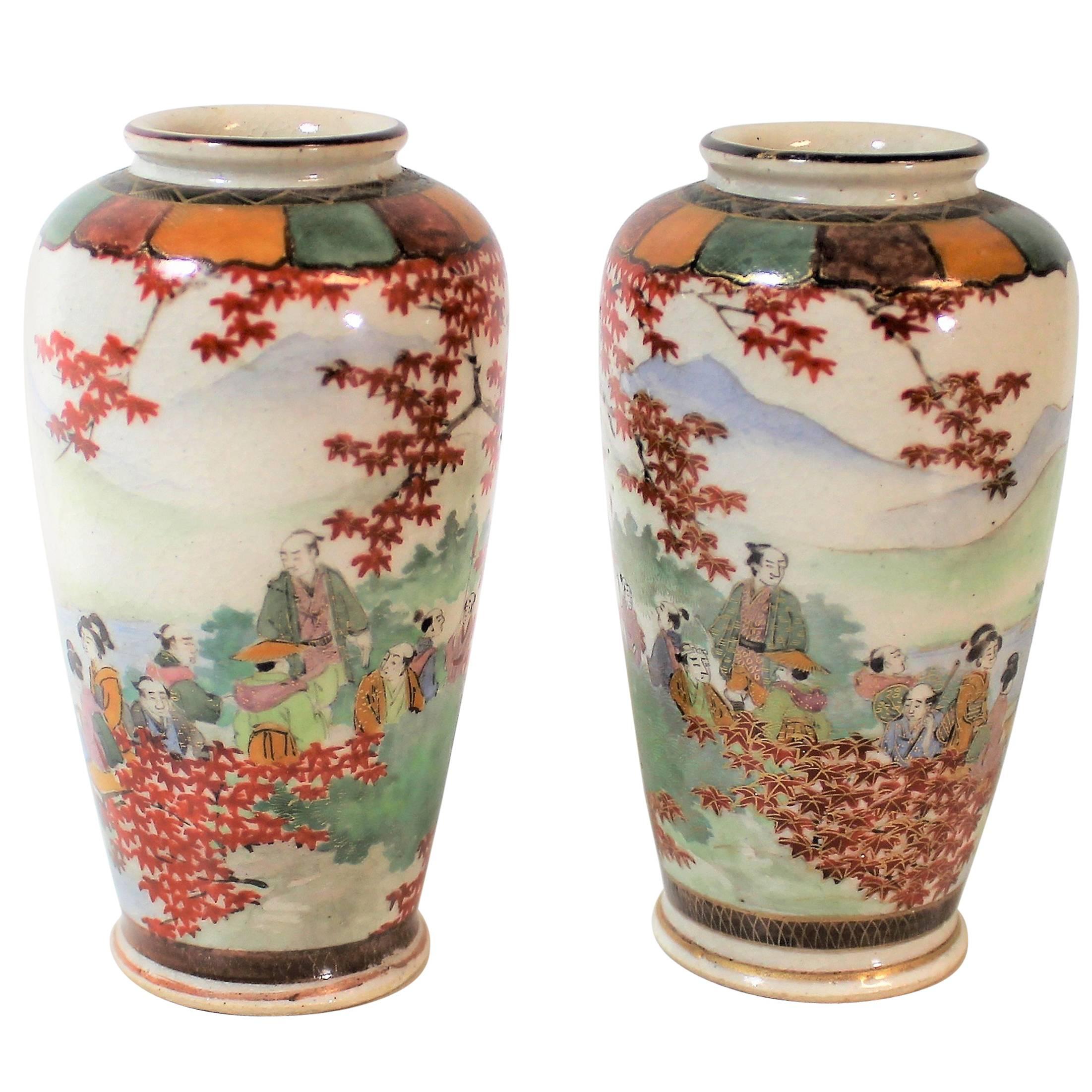 Pair of Japanese Meiji Period Hand-Painted Porcelain Vases