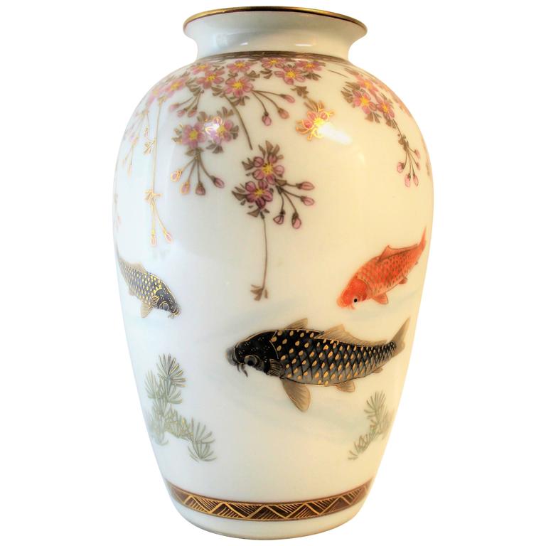 Japanese Meiji Period Porcelain Vase with Koi Fish at 1stDibs