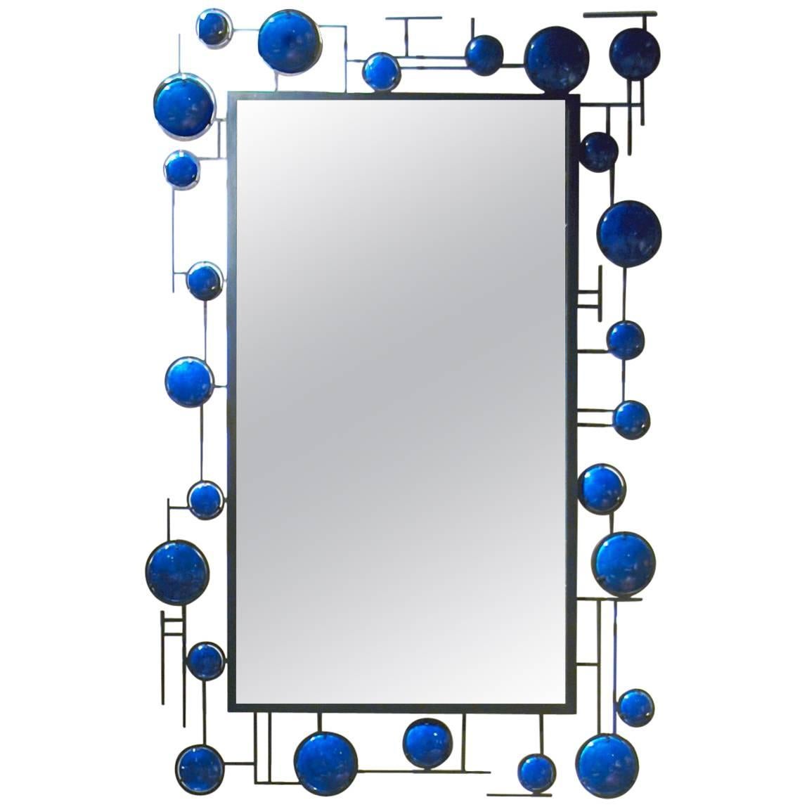 Christophe Come Blue Enamel Mirror in Copper and Blue Enamel, 2016 For Sale