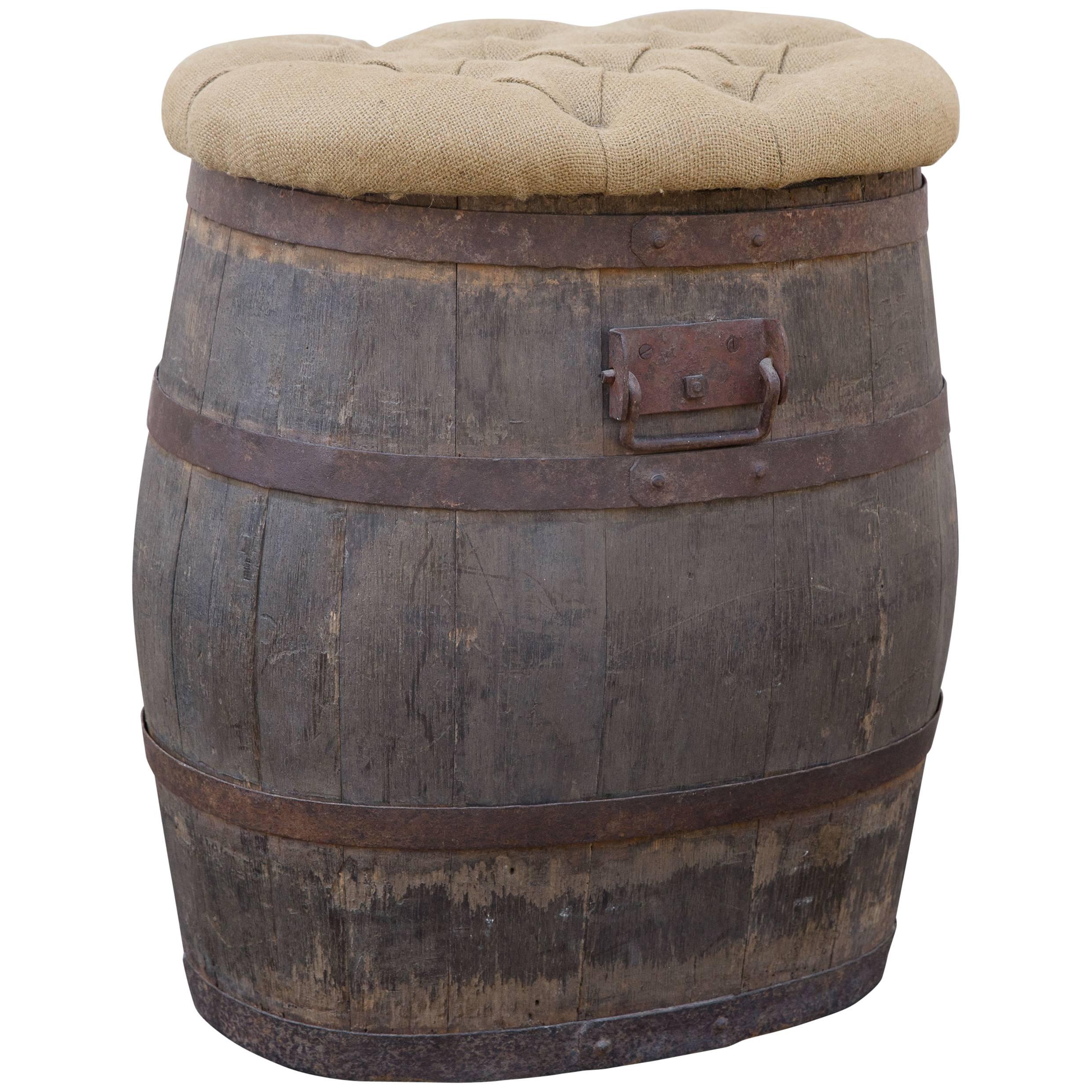 Oak Whiskey Barrel with Tufted Hinged Top