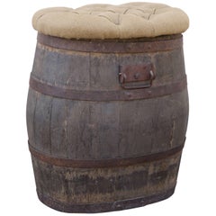 Vintage Oak Whiskey Barrel with Tufted Hinged Top