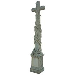 Wonderful and Finely Hand-Sculpted in French Limestone Antique Calvary