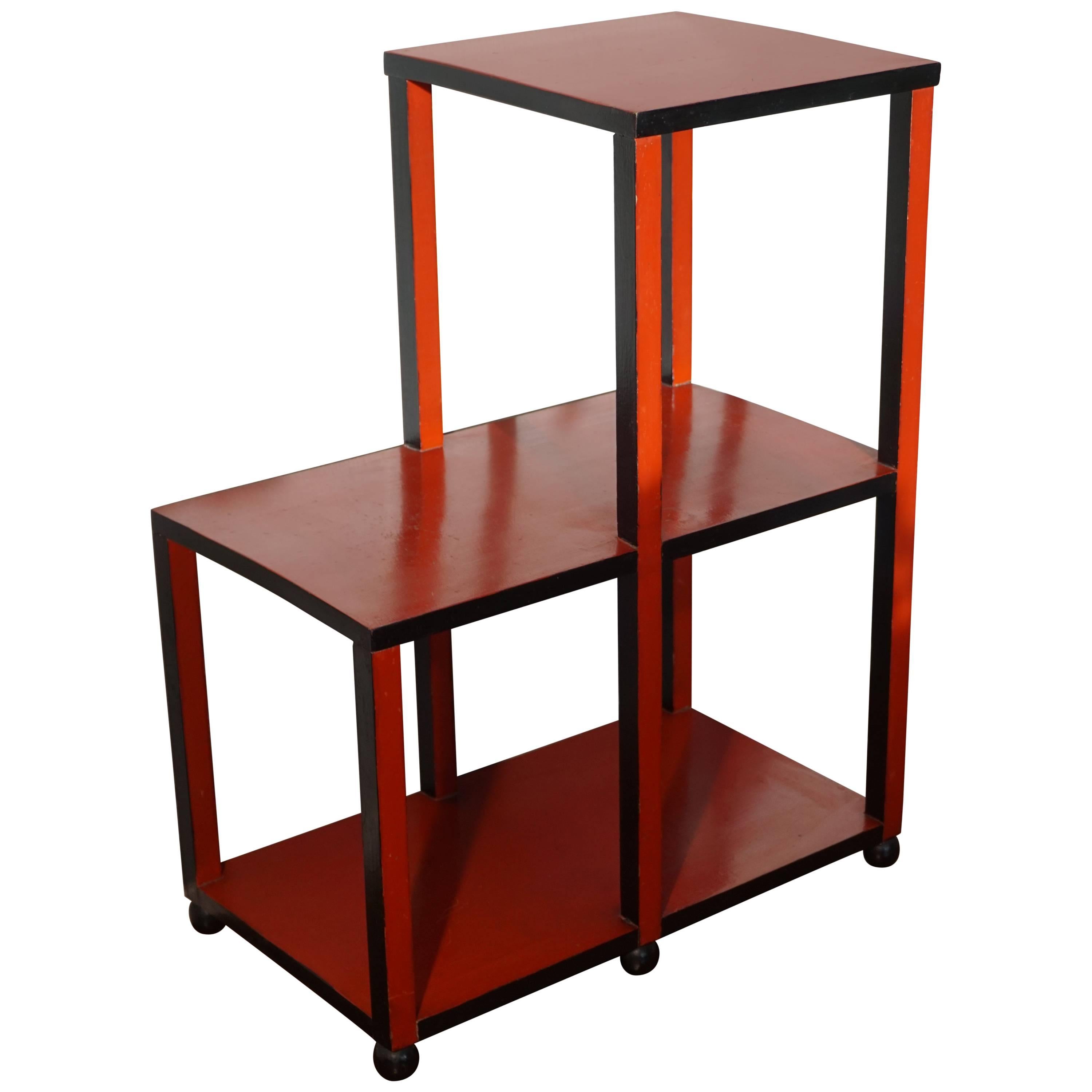 Unique Art Deco Amsterdam School Red & Black Lacquered Etagere Stand Small Table