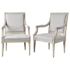 Richly Carved Gustavian Style Pair of Armchairs in Light Blue Linen