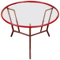 Jacques Adnet Red Leather Wrapped Round Coffee Table