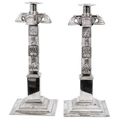 Pair of Exquisite Silver Plated Mexican Aztec Style Candlesticks