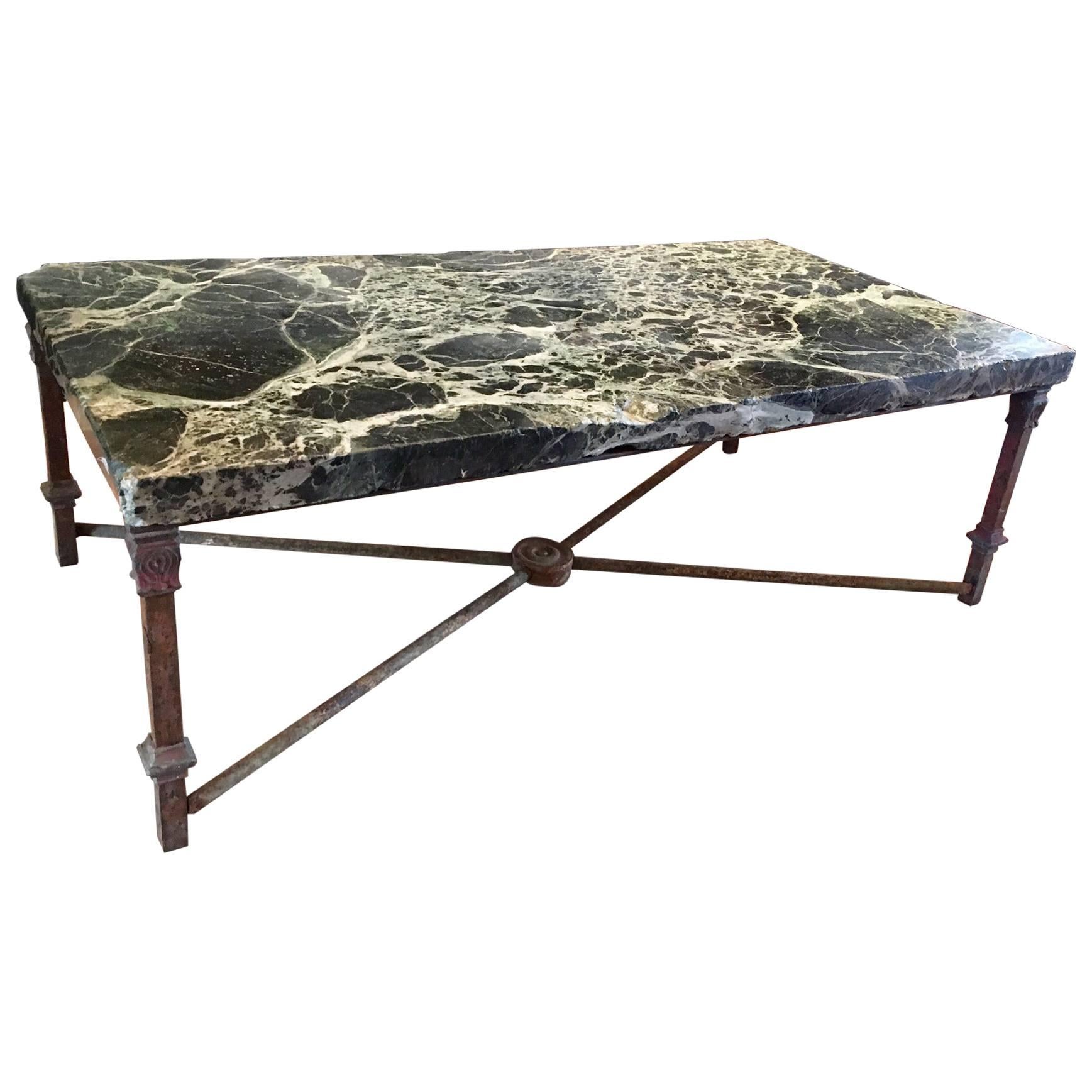 Coffee Table with Antique 18th Century Verde Antico Marble Top