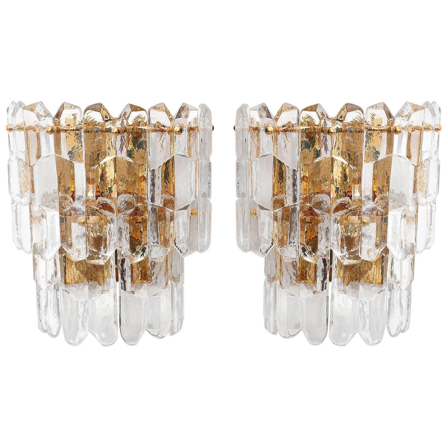 Pair of Kalmar Sconces Wall Lights 'Palazzo', Gilt Brass Glass, 1970